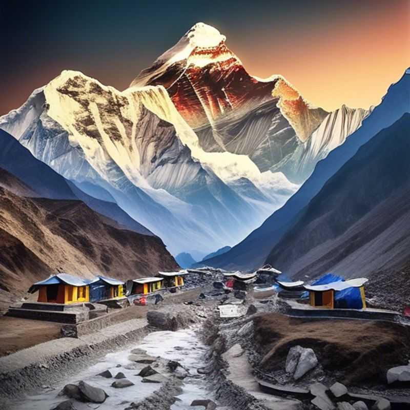 Un groupe de six nomades numériques, appelés Les Voyageurs Économes, en pleine aventure au Camp de Base de l'Everest, au Népal, lors de leur trek de trois semaines à l'automne, entourés de paysages majestueux et de montagnes imposantes.