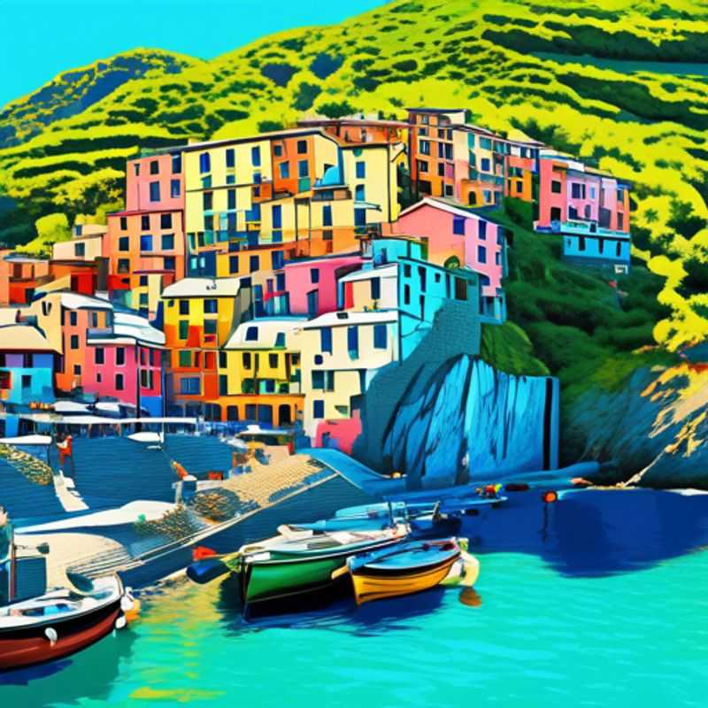 Pareja de nómadas digitales trabajando de forma remota mientras exploran el Sentiero Azzurro en Cinque Terre, Italia, durante su viaje de 4 días en una caravana en primavera, rodeados de impresionantes paisajes costeros y coloridos pueblos.