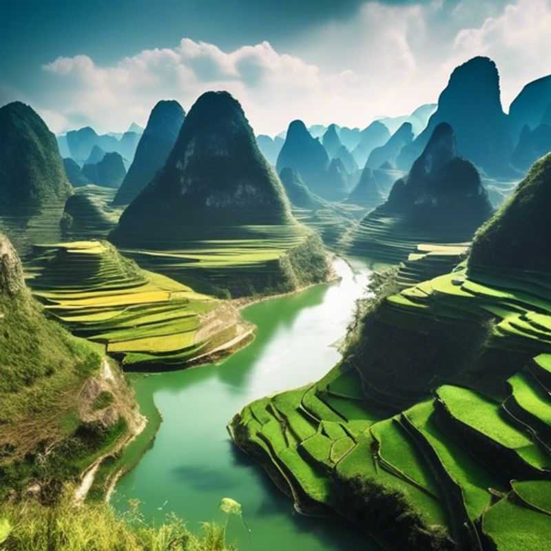 Seis nómadas digitales del grupo The Luxury Traveler disfrutando de las impresionantes vistas del Ha Giang Loop en Vietnam, explorando paisajes montañosos y culturas locales durante su viaje de dos semanas entre el verano y el otoño.