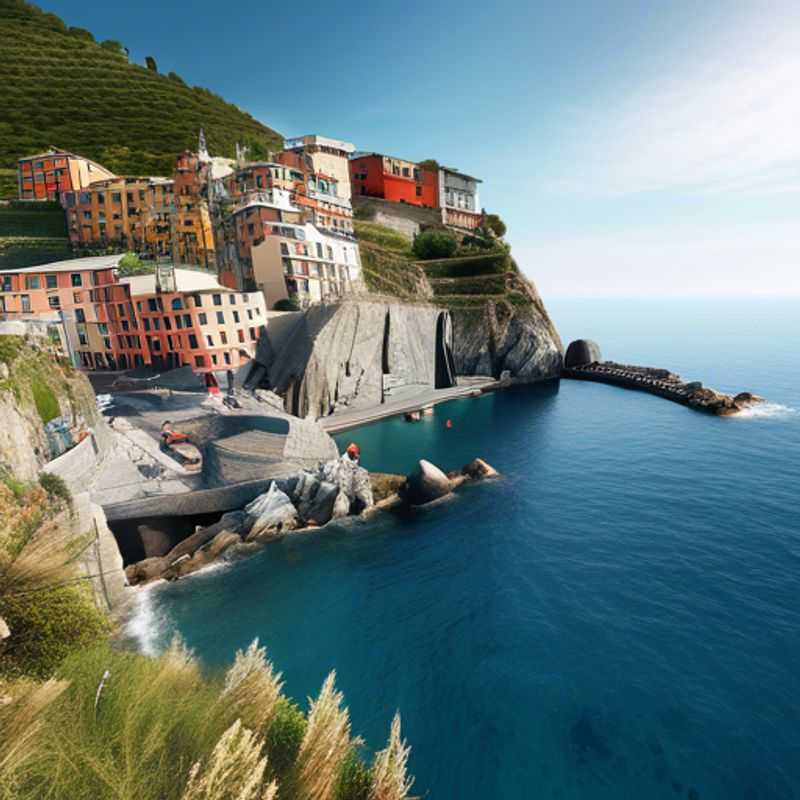 Pareja de nómadas digitales trabajando de forma remota mientras exploran el Sentiero Azzurro en Cinque Terre, Italia, durante su viaje de 4 días en una caravana en primavera, rodeados de impresionantes paisajes costeros y coloridos pueblos.