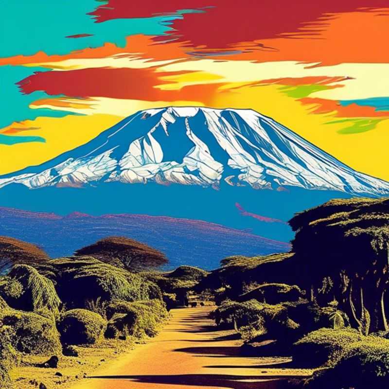 A group of four digital nomads, known as The Romantic Traveler, standing triumphantly at the base of Mount Kilimanjaro, Tanzania, against a backdrop of majestic snow-capped peaks, during their adventurous 5-day winter expedition.