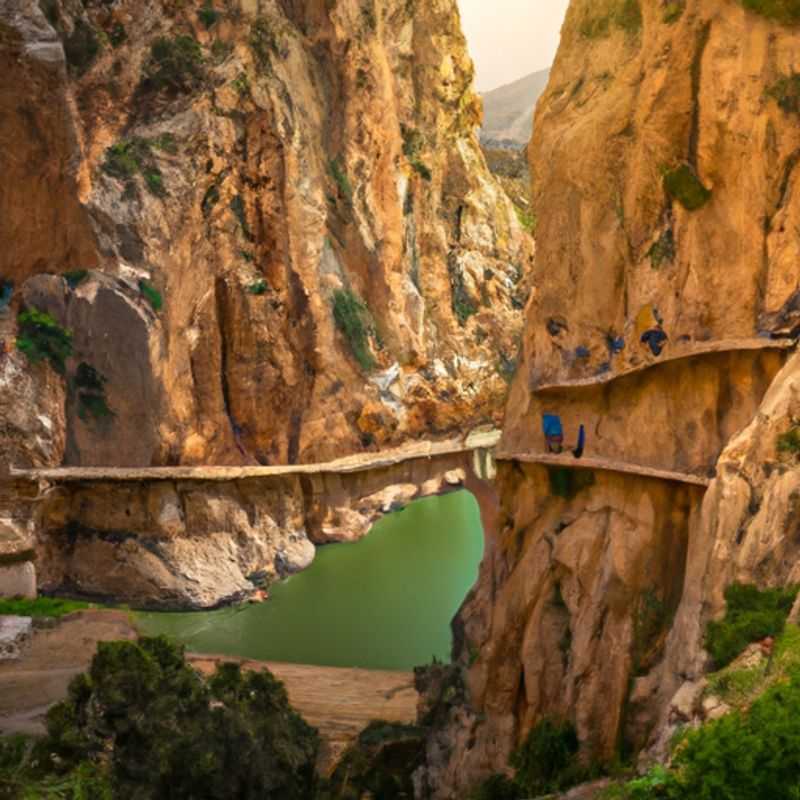 Four intrepid hikers traverse the vertiginous walkways of the Caminito del Rey, a breathtaking gorge carved by the Guadalhorce River in Spain, during their exhilarating 2-week adventure between winter and spring.
