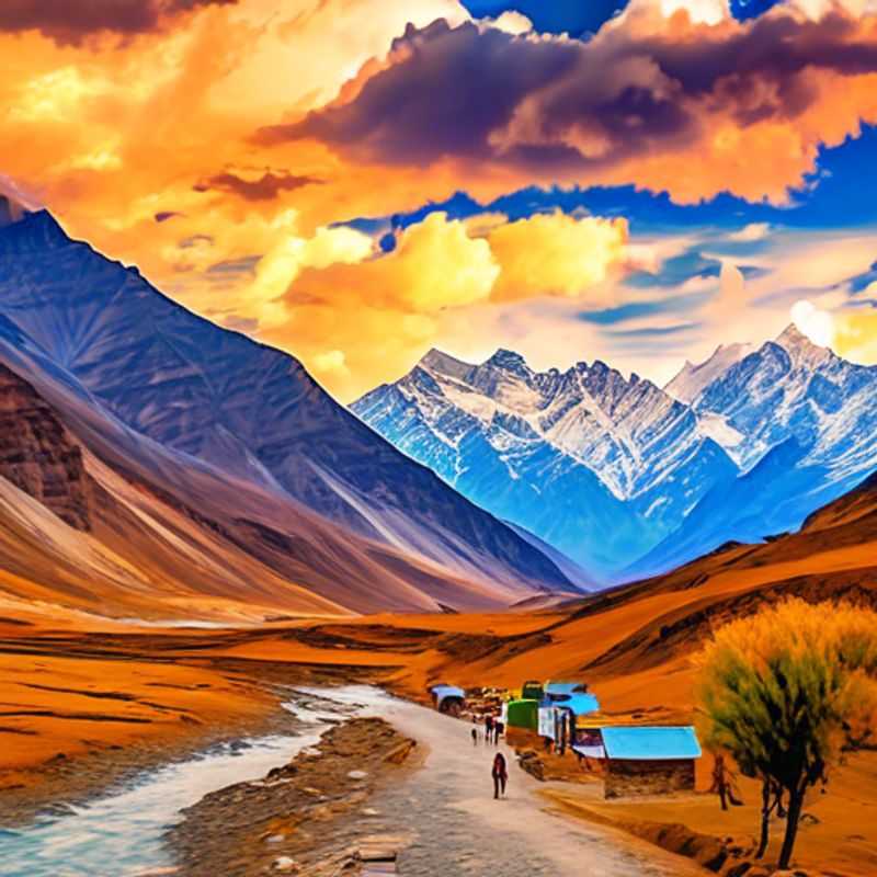 A group of four backpackers, the Wellness Travelers, trek through the breathtaking Spiti Valley in India, bathed in the warm hues of fall, their faces glowing with the joy of adventure and the invigorating mountain air.