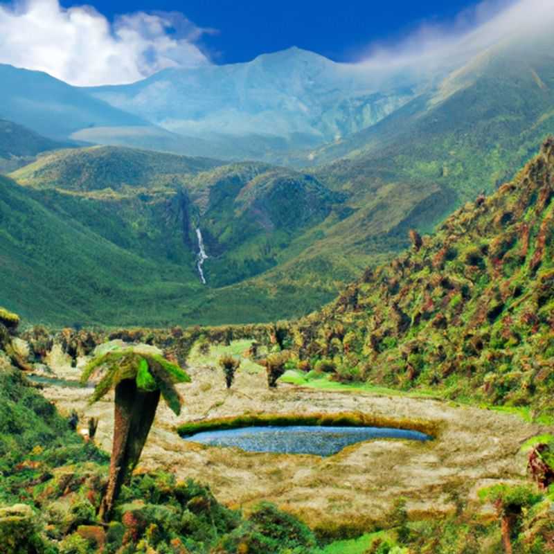 Six adventurous travelers stand amidst the breathtaking Mountains of the Moon in Uganda, their faces reflecting awe and wonder as they embark on a weeklong exploration of this majestic landscape during the vibrant fall season.