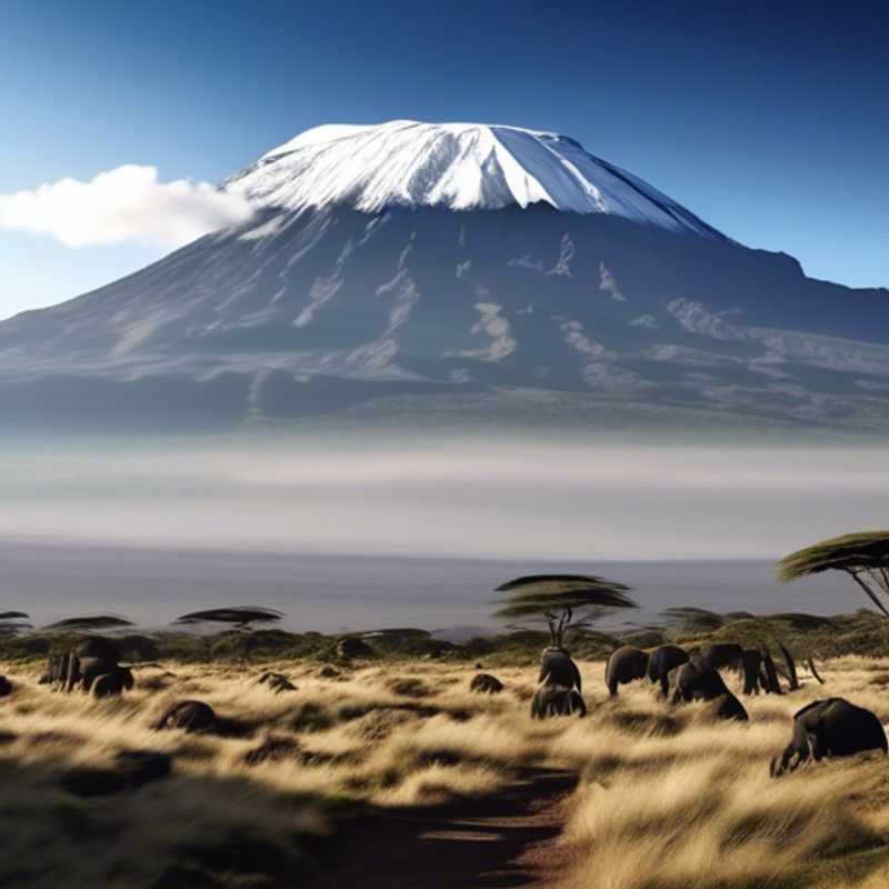 A group of four digital nomads, known as The Romantic Traveler, standing triumphantly at the base of Mount Kilimanjaro, Tanzania, against a backdrop of majestic snow-capped peaks, during their adventurous 5-day winter expedition.
