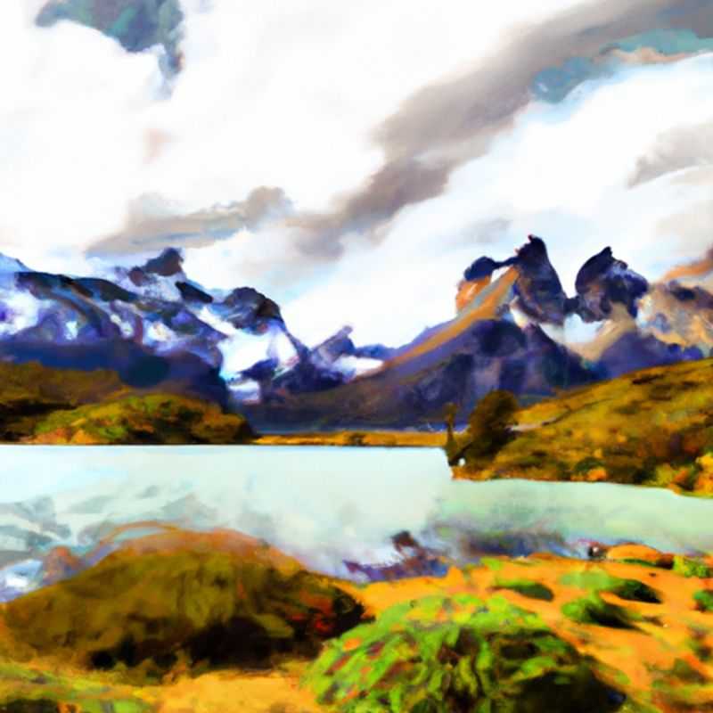 A solitary hiker traversing the breathtaking W-Trek in Torres del Paine, Chile, surrounded by the towering granite spires of the Paine Massif and vibrant spring wildflowers, embarking on a 4-day adventure through Patagonia's pristine wilderness.