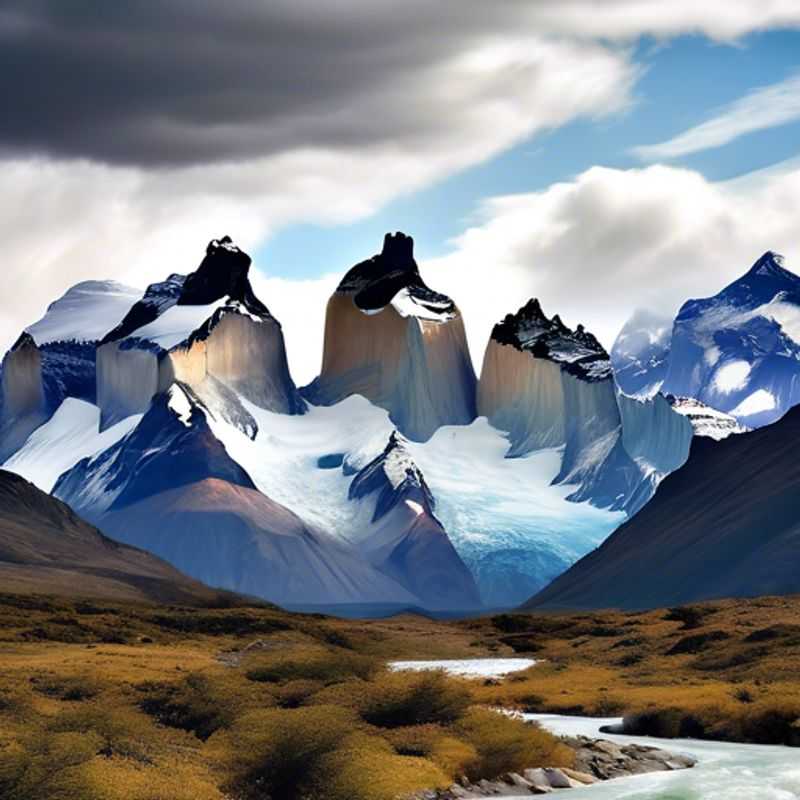 A vibrant group of four adventurous backpackers from The Cultural Explorer, trekking through the breathtaking landscapes of Torres del Paine, Chile, surrounded by stunning mountains and autumn foliage during their two-week summer-to-fall journey.