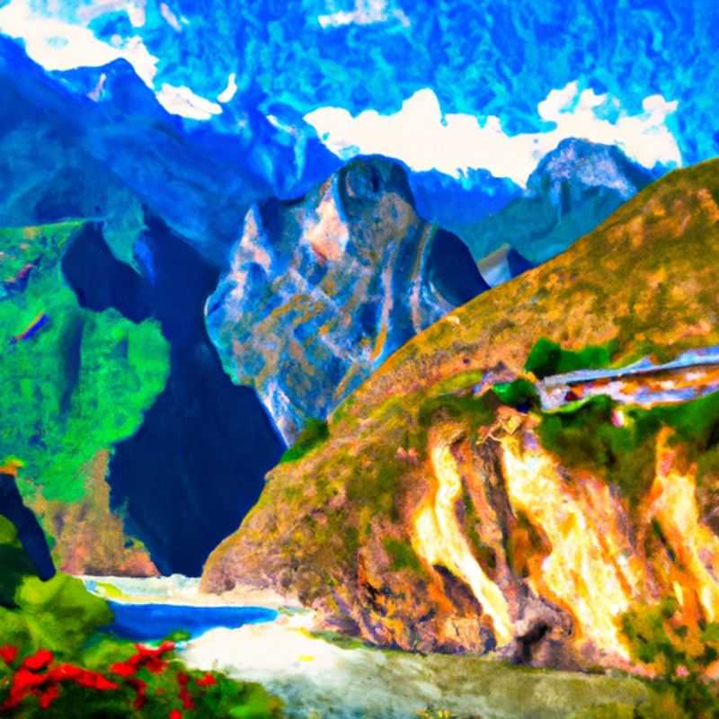 Six digital nomads embarking on an invigorating two-week adventure through the breathtaking Tiger Leaping Gorge in China during the vibrant spring season, surrounded by the gorge's majestic peaks and lush greenery.