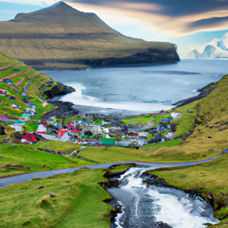 Visita al pueblo de Gásadalur en los senderos costeros de las Islas Feroe durante el verano