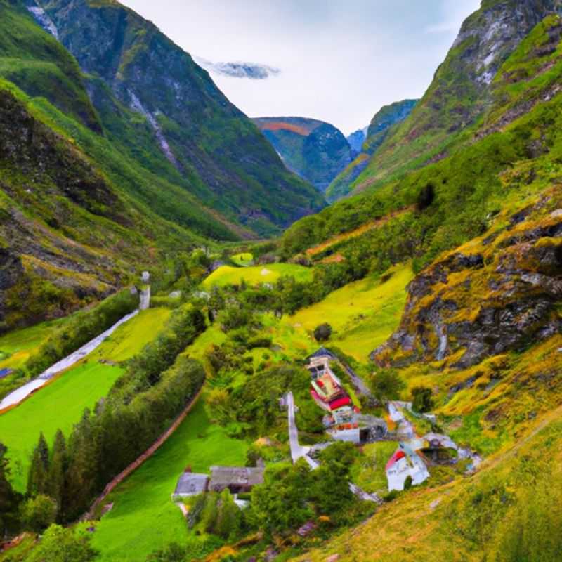 A group of four intrepid hikers traverse the breathtaking Aurlandsdalen Valley in Norway during the magical transition between winter and spring, surrounded by towering snow-capped mountains and cascading waterfalls.