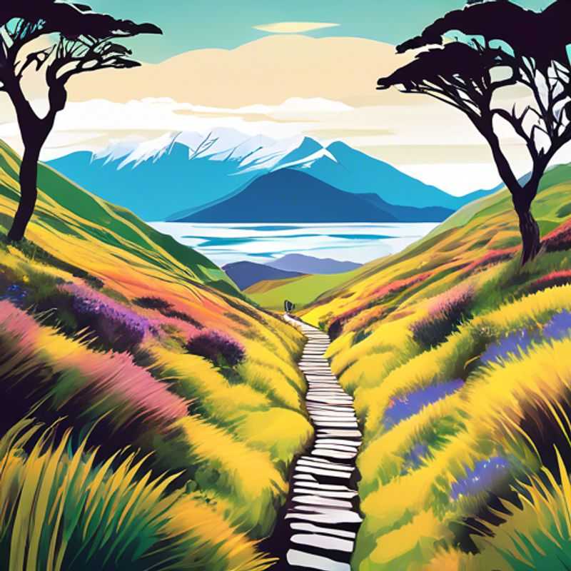 Un groupe de six randonneurs organisés, The Group Traveler, explorant le magnifique sentier Te Araroa en Nouvelle-Zélande au printemps, entouré de paysages verdoyants et de fleurs éclatantes.