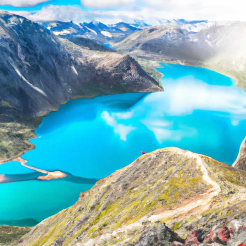 Six digital nomads traversing the breathtaking expanse of Besseggen Ridge, Norway, during a four-day winter adventure, surrounded by snow-capped peaks and a crisp, invigorating atmosphere.