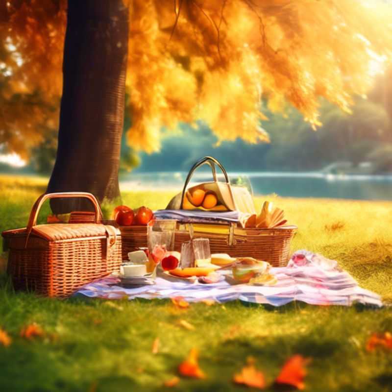 A stylish picnic set arranged on a vibrant picnic blanket, featuring an assortment of delicious snacks, refreshing beverages, and essential utensils, showcasing key considerations for selecting the perfect picnic gear.
