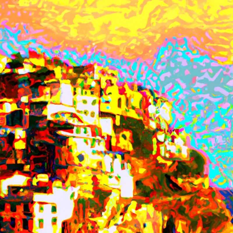 A breathtaking panorama of the colorful villages of Cinque Terre, Italy, nestled along the rugged Ligurian coastline, as captured by a group of four friends embarking on an unforgettable 2-week summer adventure.