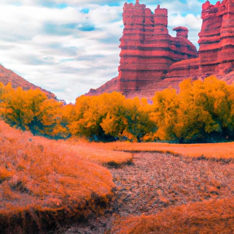 Four adventurous hikers stand amidst the awe-inspiring Fisher Towers, their silhouettes etched against the vibrant tapestry of fall foliage. They embark on a 4-day journey through the heart of the Fisher Towers Trail, USA, surrounded by nature's vibrant hues and the promise of unforgettable experiences.