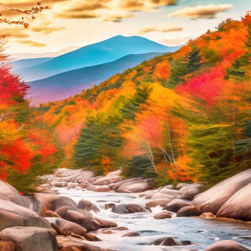A lone backpacker stands silhouetted against the fiery hues of fall foliage in the White Mountains of New Hampshire, embarking on a spontaneous two-week adventure through the rugged beauty of the Northeast.
