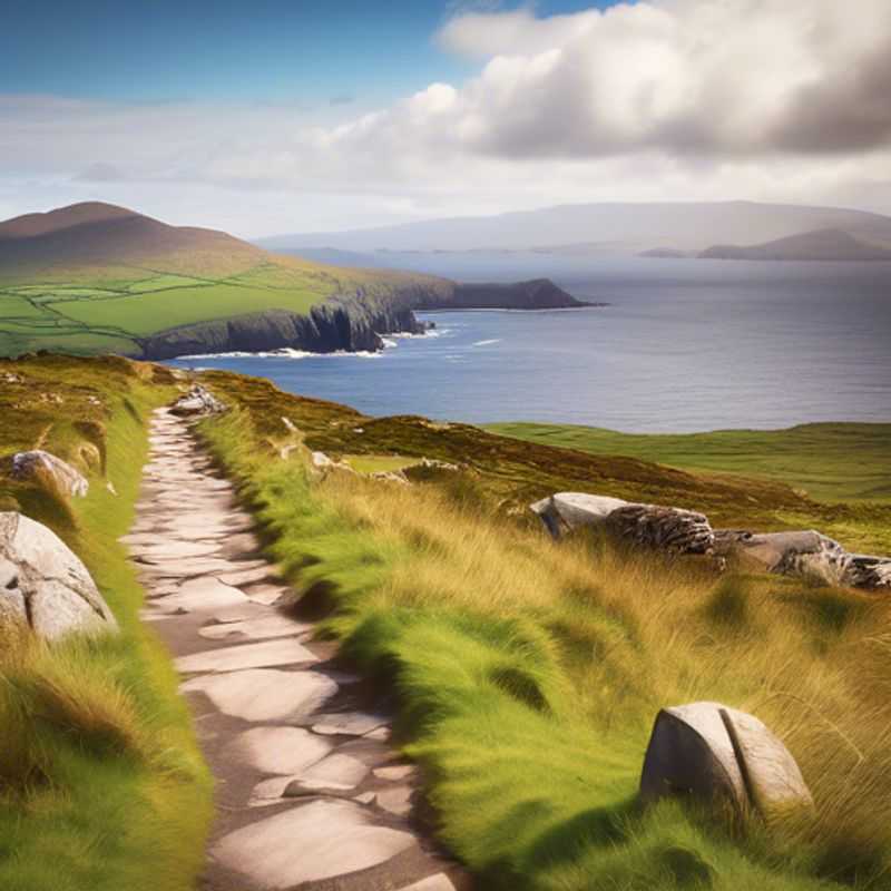 A group of six Gap Year backpackers, energized and excited, trekking along the iconic Kerry Way in Ireland, embracing the breathtaking transition from summer to autumn. The rugged beauty of the Irish landscape unfolds before them, a tapestry of vibrant greens and golden hues.