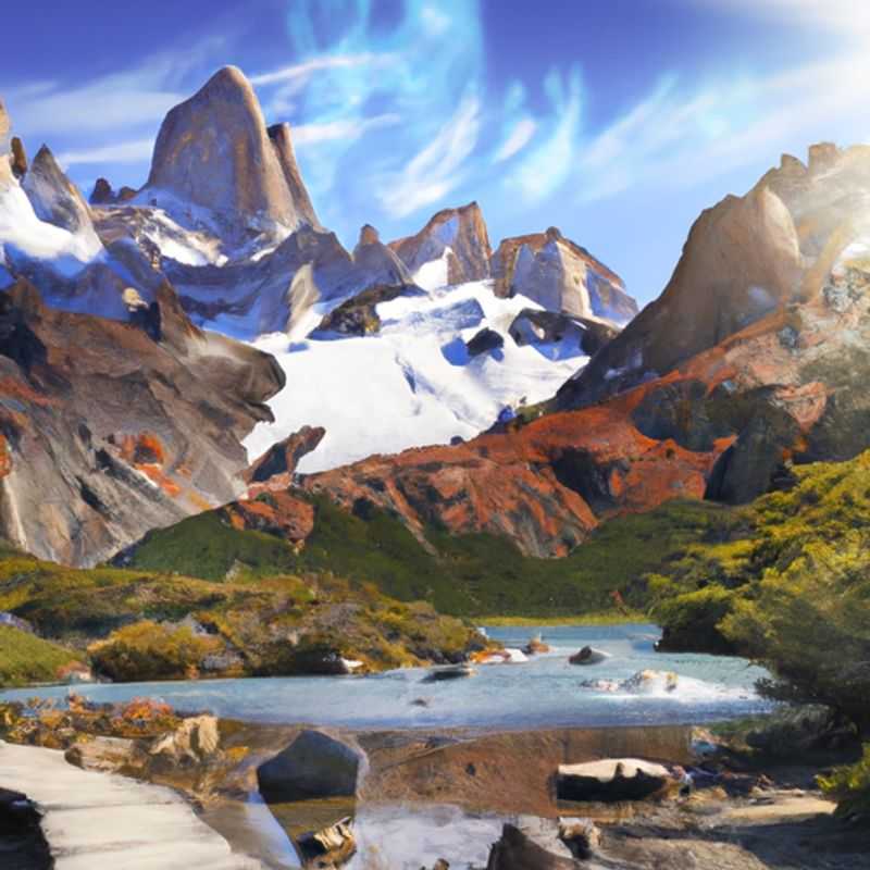 A solitary adventurer stands before the majestic Mount Fitz Roy in Argentina's Patagonia region, dwarfed by its towering granite spires. The winter landscape is a breathtaking tapestry of snow-capped peaks, icy lakes, and ancient forests, inviting exploration and introspection during a 4-day solo trek through this awe-inspiring wilderness.