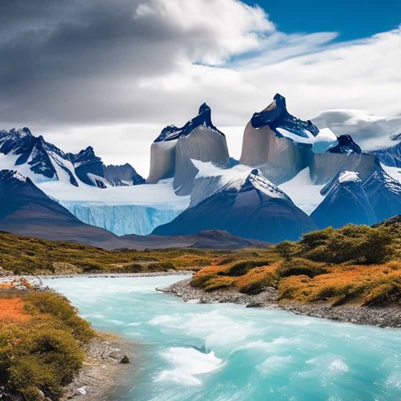 Cuatro mochileros del grupo The Weekend Traveler explorando el impresionante W-Trek en Torres del Paine, Chile, rodeados de paisajes otoñales, durante su aventura de 24 horas.