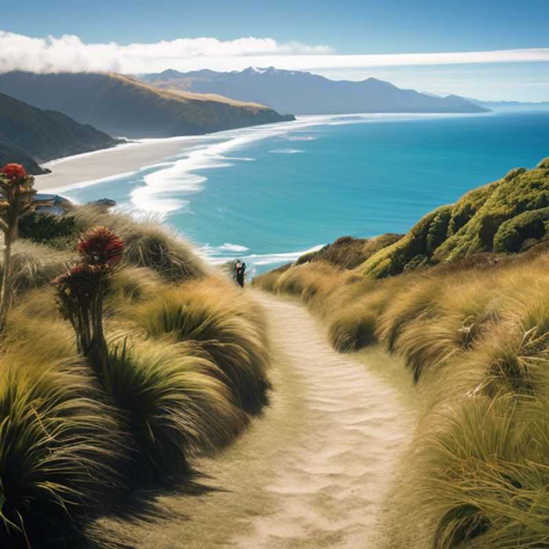 Un groupe de six randonneurs organisés, The Group Traveler, explorant le magnifique sentier Te Araroa en Nouvelle-Zélande au printemps, entouré de paysages verdoyants et de fleurs éclatantes.