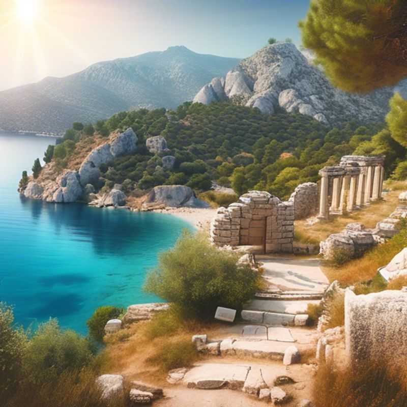 Una familia en su caravana, explorando el sendero licio en Turquía durante un viaje de 5 días en verano. El impresionante paisaje montañoso y las ruinas antiguas se extienden ante ellos, creando un telón de fondo perfecto para aventuras familiares.