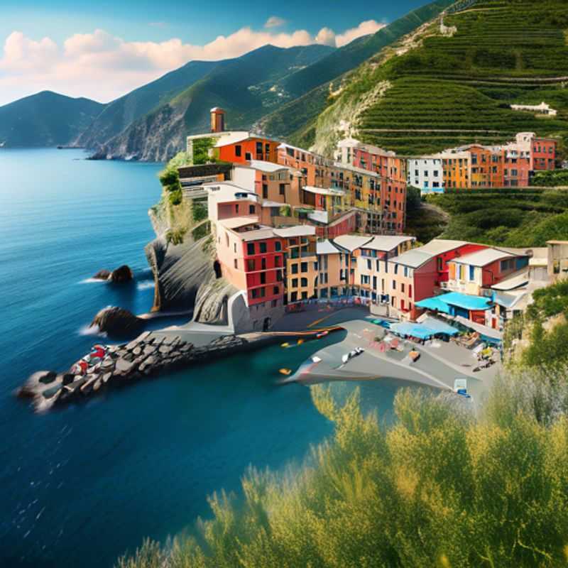 Viajero solitario explorando las coloridas casas de Cinque Terre, Italia, en su aventura de una semana entre el verano y el otoño, disfrutando de la belleza natural y la cultura local.