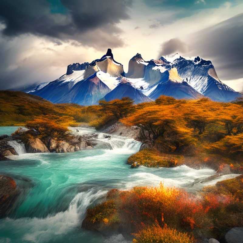 A vibrant group of four adventurous backpackers from The Cultural Explorer, trekking through the breathtaking landscapes of Torres del Paine, Chile, surrounded by stunning mountains and autumn foliage during their two-week summer-to-fall journey.
