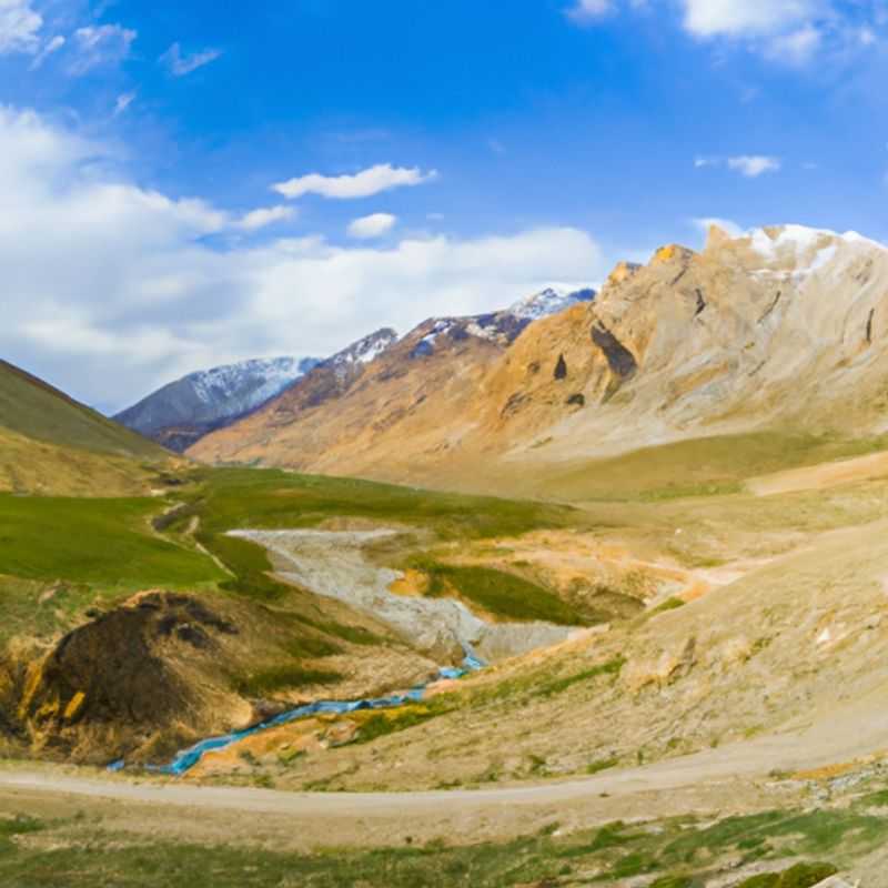 A group of four intrepid travelers stand amidst the towering peaks of the Pamir Mountains in Tajikistan, their faces etched with awe at the pristine beauty that surrounds them. The transition from winter's icy grip to spring's gentle embrace creates a surreal landscape, where snow-capped peaks meet blooming wildflowers. Their 24-hour journey through this remote and breathtaking region promises an unforgettable adventure.