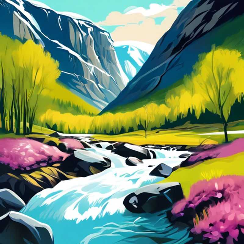 A caravan trailer nestled amongst the breathtaking beauty of Aurlandsdalen Valley, Norway, during springtime. The Gap Year Traveler enjoys the tranquility of remote working amidst the lush green landscape and cascading waterfalls.