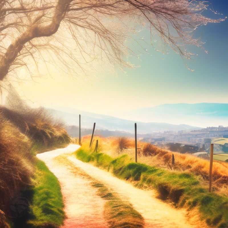 A family of digital nomads exploring the scenic Camino de Santiago, Spain, in their caravan trailer, showcasing the vibrant transition from winter to spring, as they embrace eco-tourism and remote work while traveling with children.