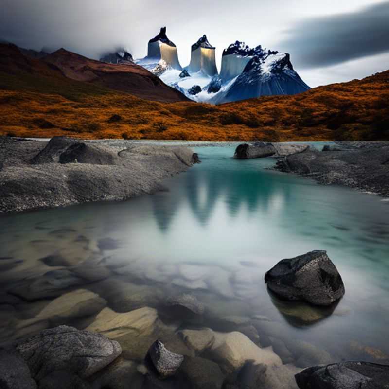 Cuatro mochileros del grupo The Weekend Traveler explorando el impresionante W-Trek en Torres del Paine, Chile, rodeados de paisajes otoñales, durante su aventura de 24 horas.