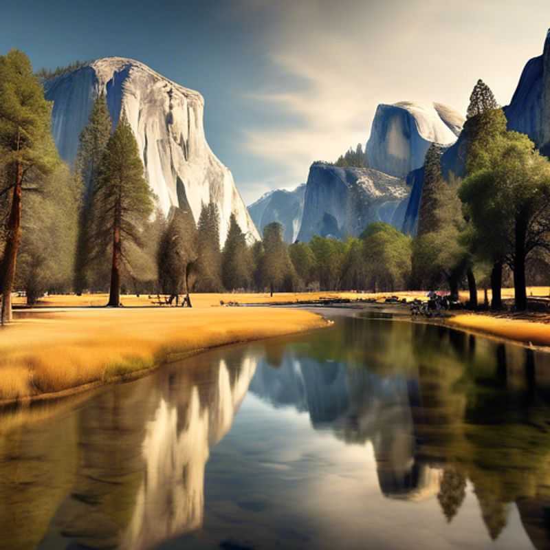 Une famille de nomades numériques travaillant à distance, voyageant en caravane, profitant d'une vue imprenable sur le parc national de Yosemite, USA, lors de leur escapade estivale de 24 heures.