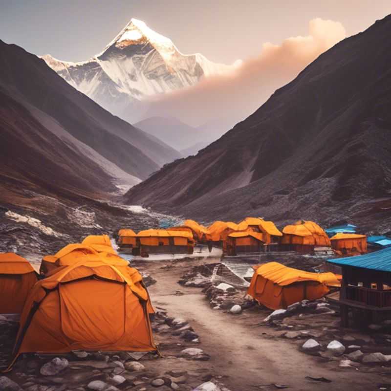 Un groupe de six nomades numériques, appelés Les Voyageurs Économes, en pleine aventure au Camp de Base de l'Everest, au Népal, lors de leur trek de trois semaines à l'automne, entourés de paysages majestueux et de montagnes imposantes.
