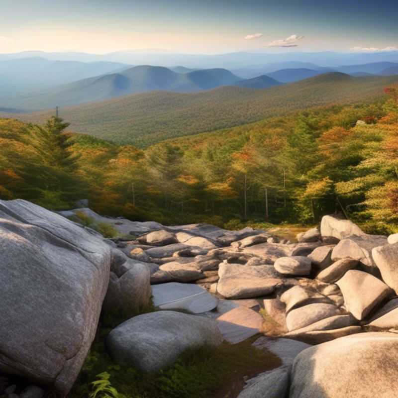 A lone backpacker stands silhouetted against the fiery hues of fall foliage in the White Mountains of New Hampshire, embarking on a spontaneous two-week adventure through the rugged beauty of the Northeast.