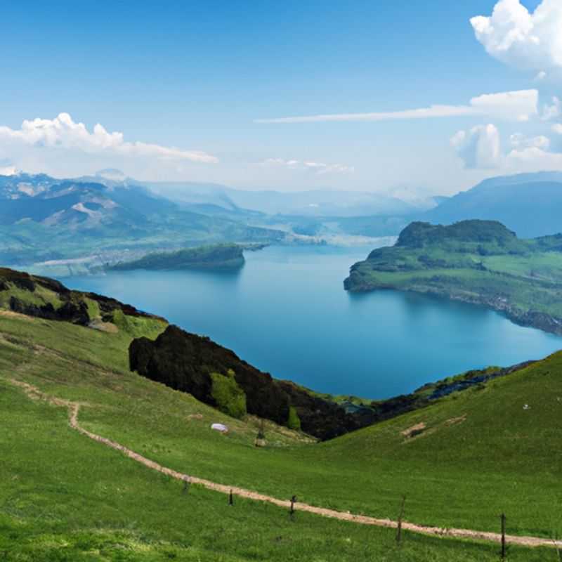 A lone traveler gazes out at the breathtaking panorama of Hardergrat, Switzerland, a verdant paradise nestled amidst the Swiss Alps, during their tranquil 3-week spring sojourn.