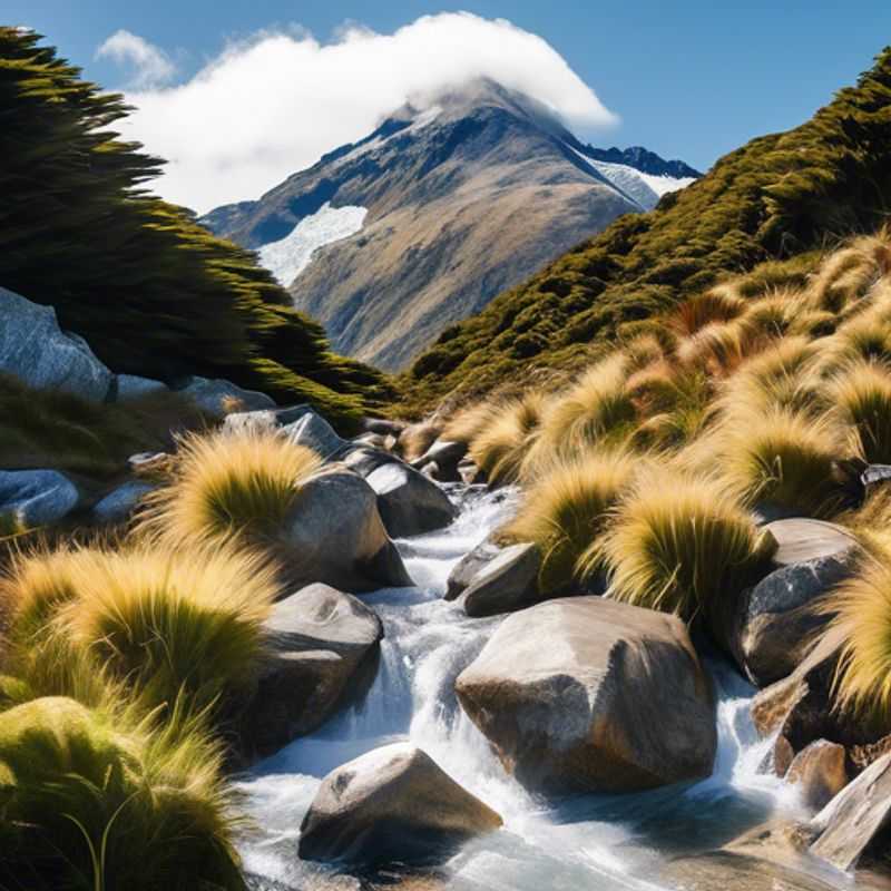 Dos exploradores culturales disfrutando de la belleza invernal del Cascade Saddle, Nueva Zelanda, con su caravana como hogar. La nieve cubre el paisaje, creando un ambiente mágico para su aventura de 4 días.